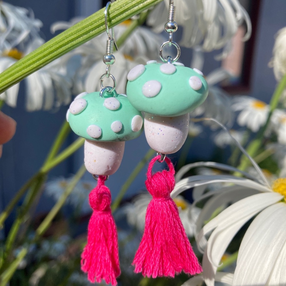 Handmade Polymer Clay Mushroom Earrings with Drop Tassels